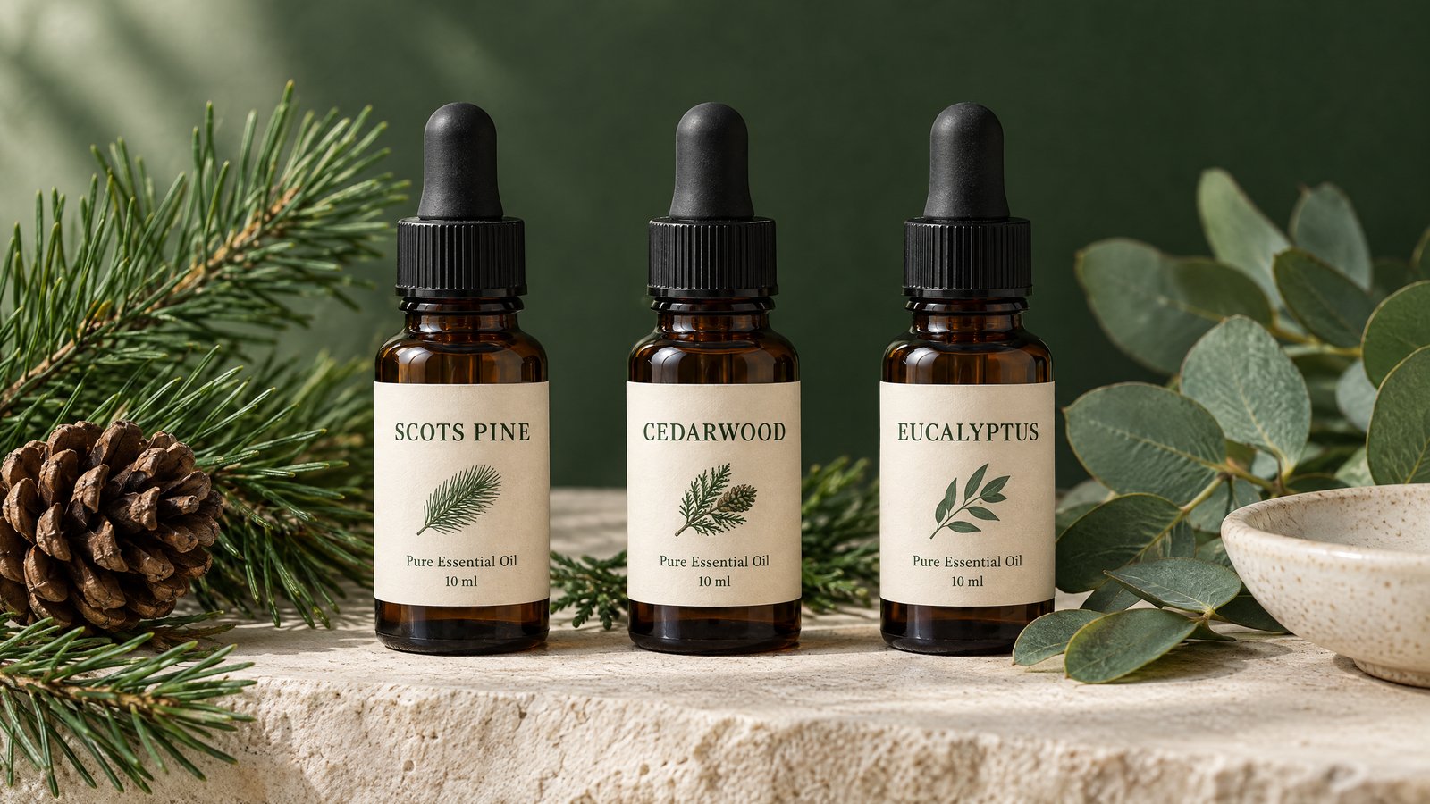 Pine, cedarwood and eucalyptus essential oils with botanical materials
