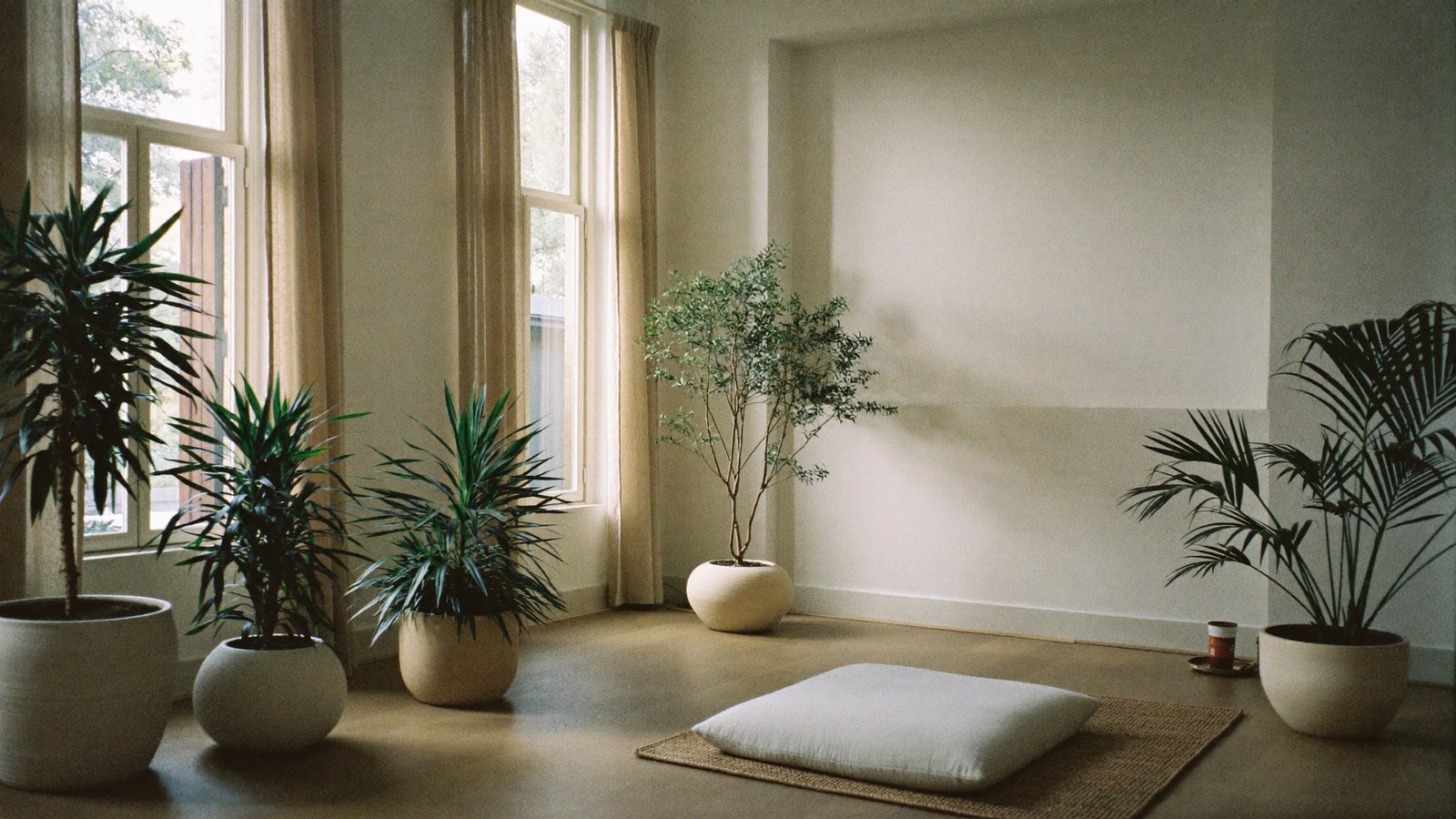 Calm indoor nature space with plants and a meditation cushion
