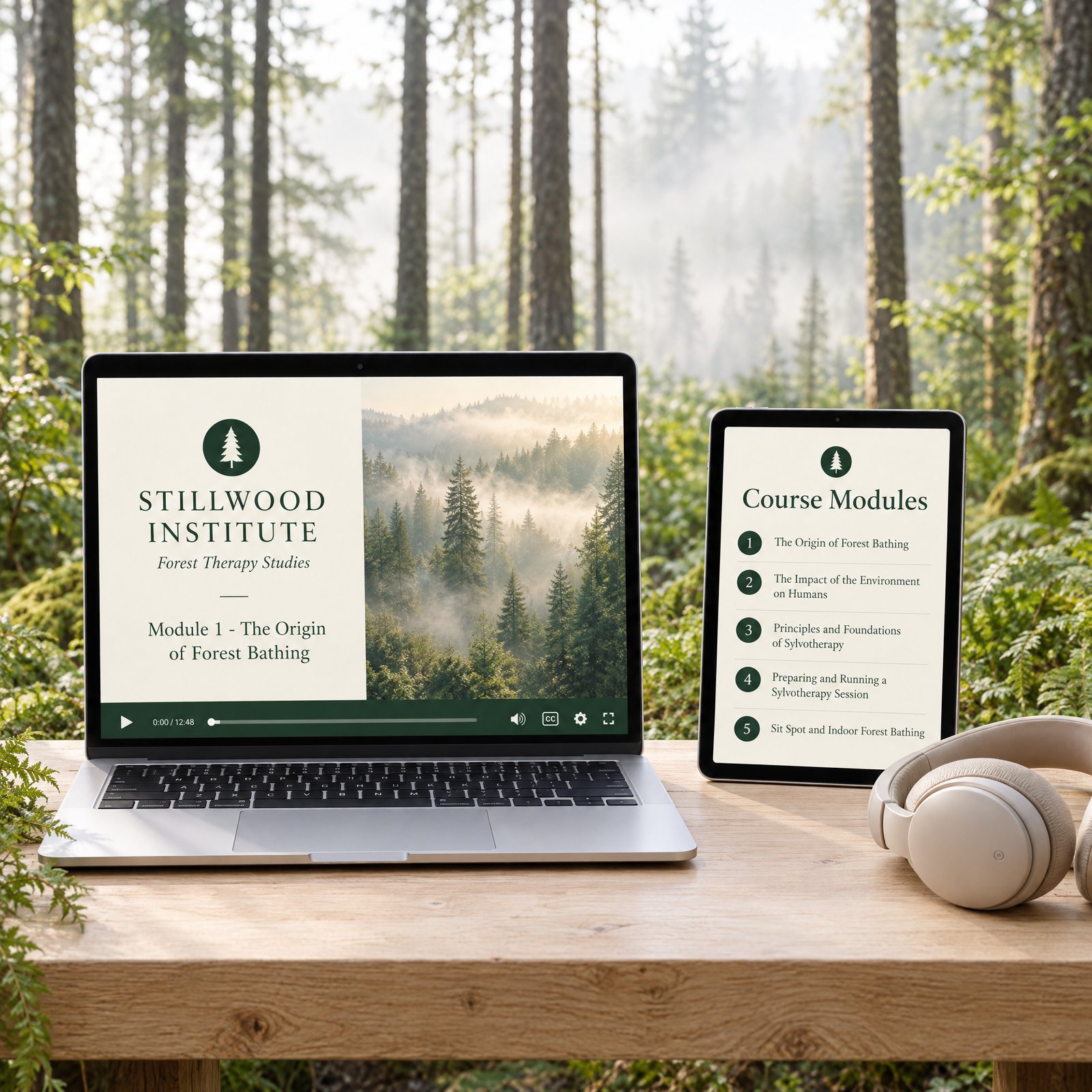 Forest Therapy online course displayed on a laptop and tablet in a woodland setting